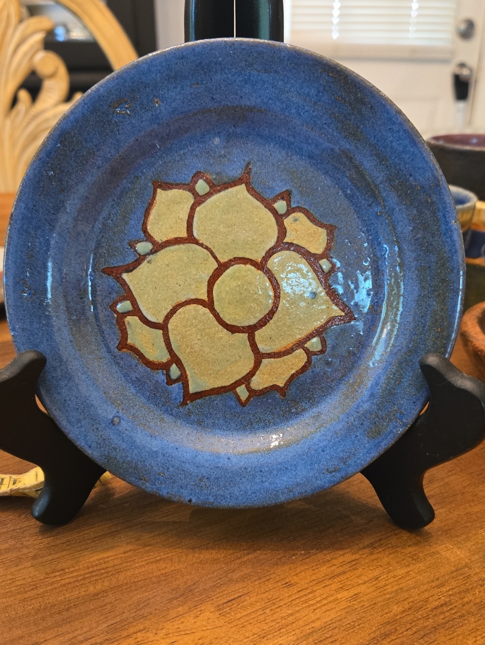 JJs, Pottery Handcrafted Blue Decorative Ceramic Plate with Yellow Floral Motif